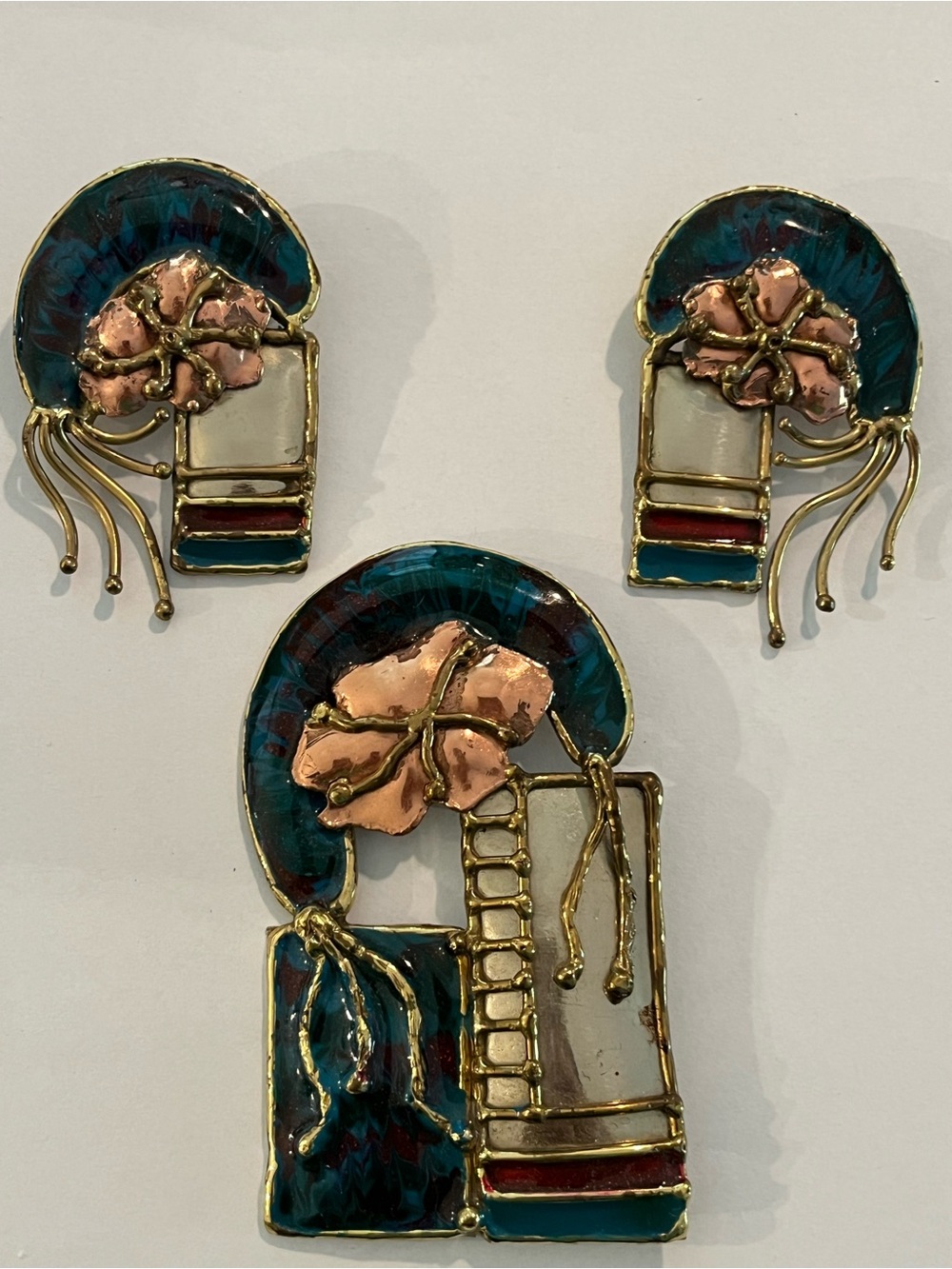 Vintage-Inspired Teal and Copper Floral Brooch & Earring Set